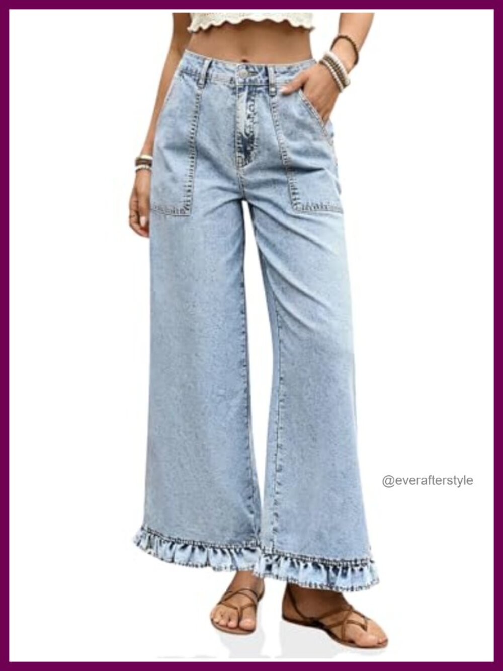 Ruffle Hem Cropped High Waisted Wide Leg Baggy Jeans Denim Pants